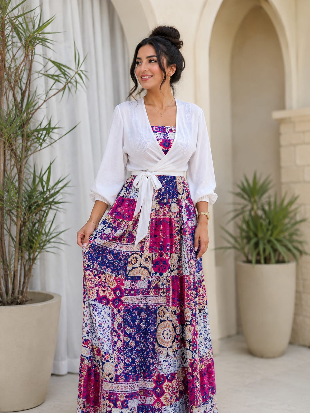 Printed Maxi Dress with Wrap Cardigan
