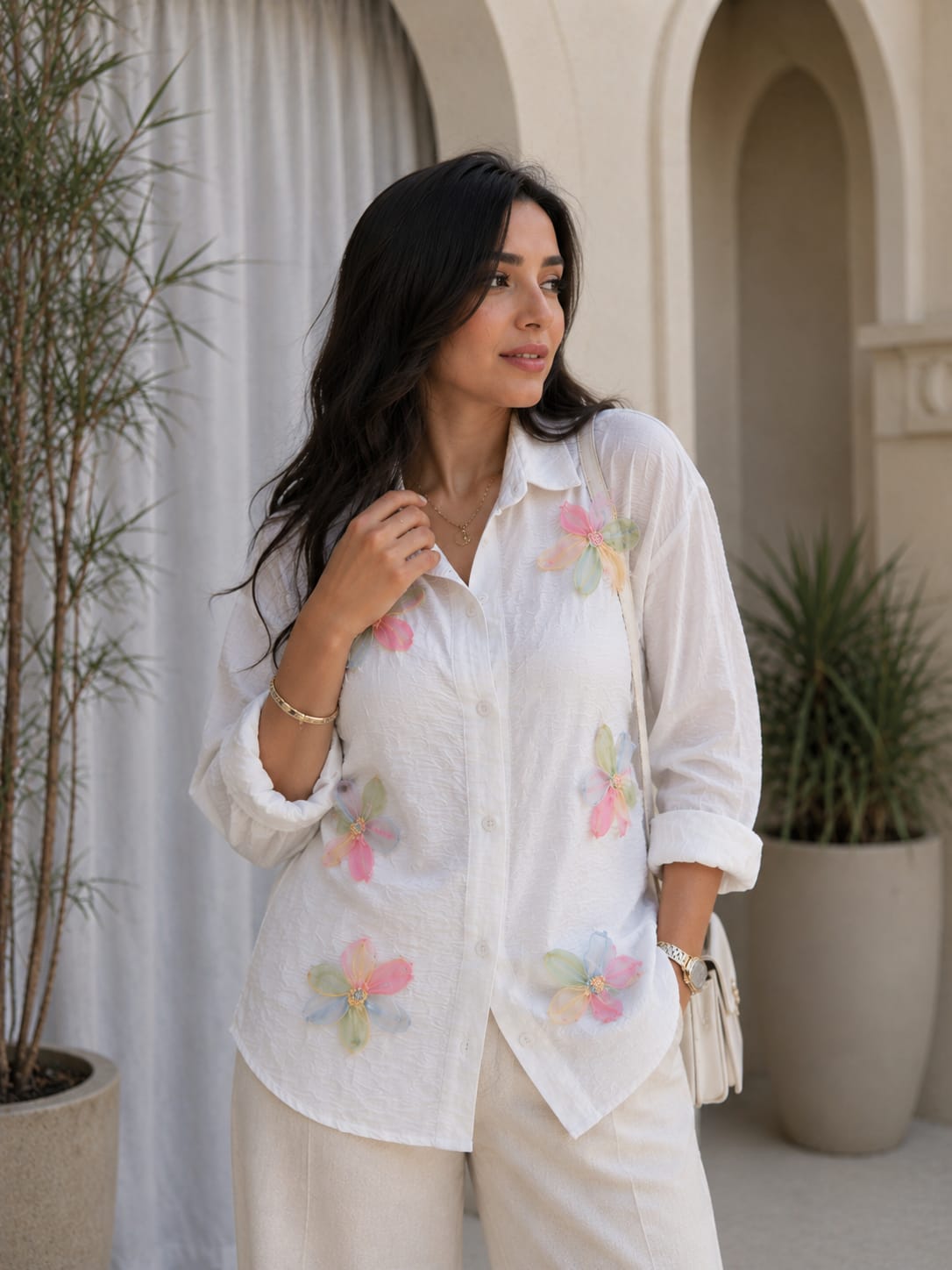 3D Floral Appliqué Button-Down Shirt