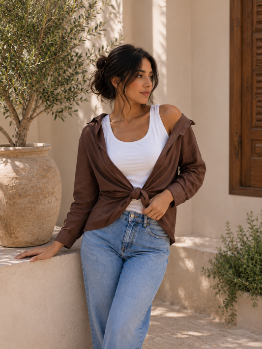 Relaxed Linen-Look Tie-Front Shirt
