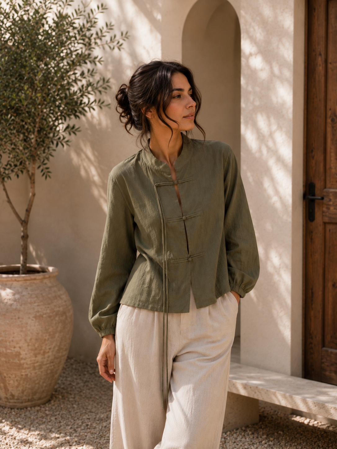 Mandarin Collar Frog-Button Blouse