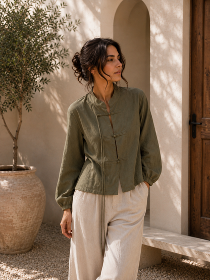 Mandarin Collar Frog-Button Blouse