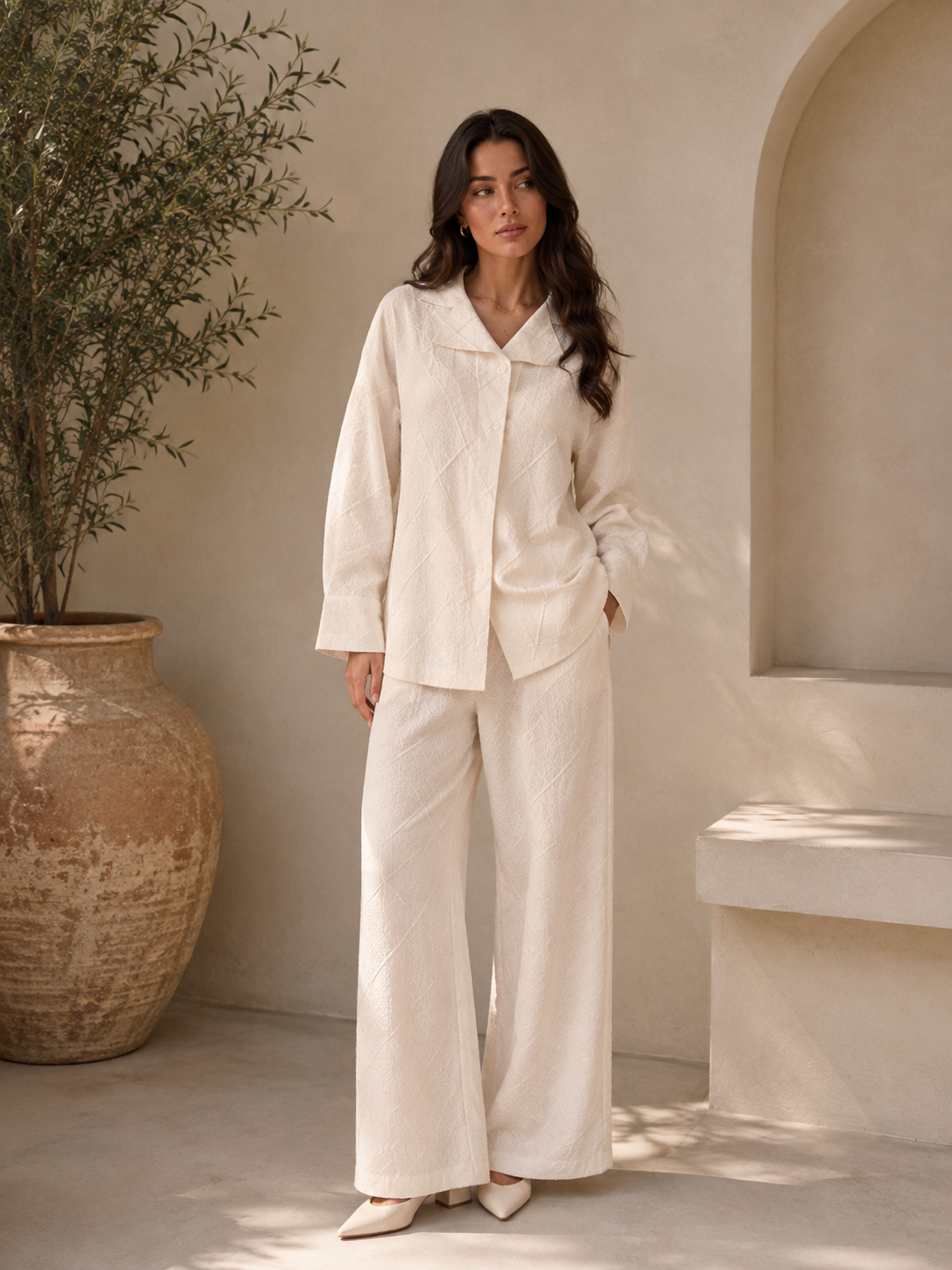 Textured Jacquard Shirt & Wide-Leg Pants Set