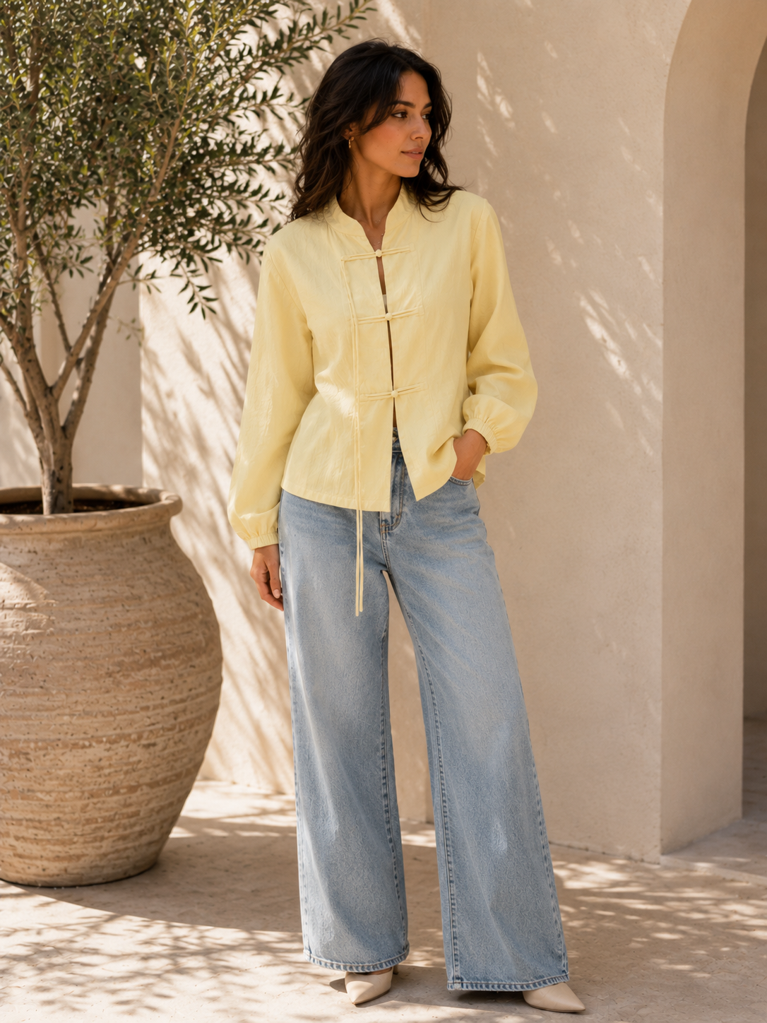 Mandarin Collar Frog-Button Blouse