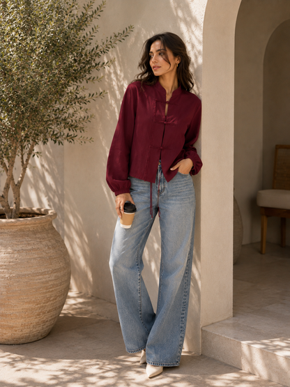 Mandarin Collar Frog-Button Blouse