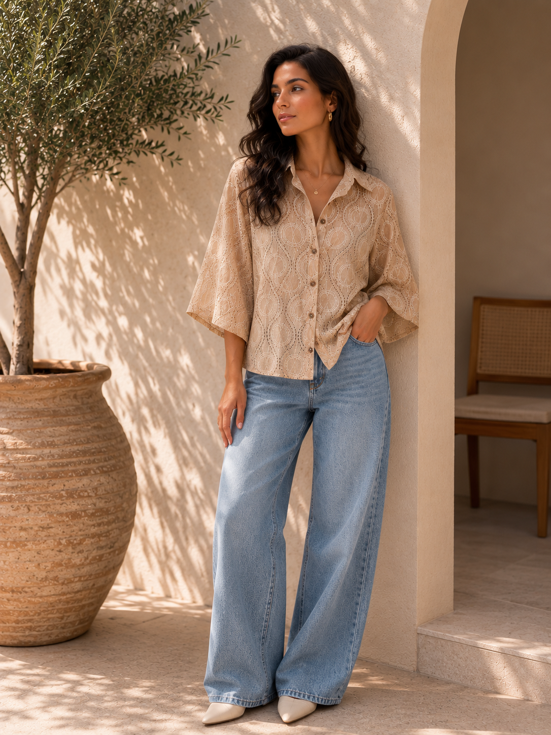 Eyelet Embroidered Short-Sleeve Button-Down Blouse