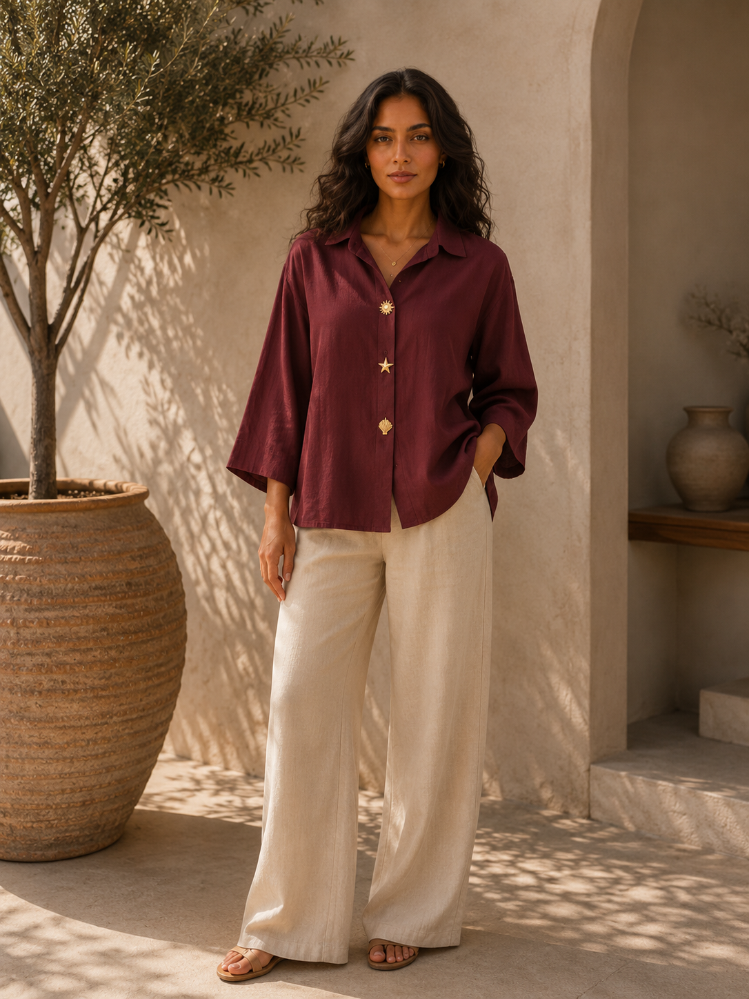 Novelty Gold Button Loose-Fit Shirt