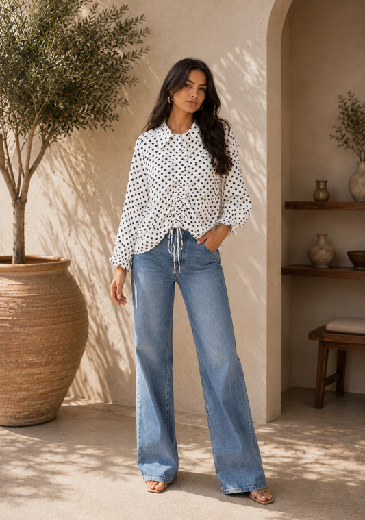 Polka Dot Ruched Drawstring Blouse
