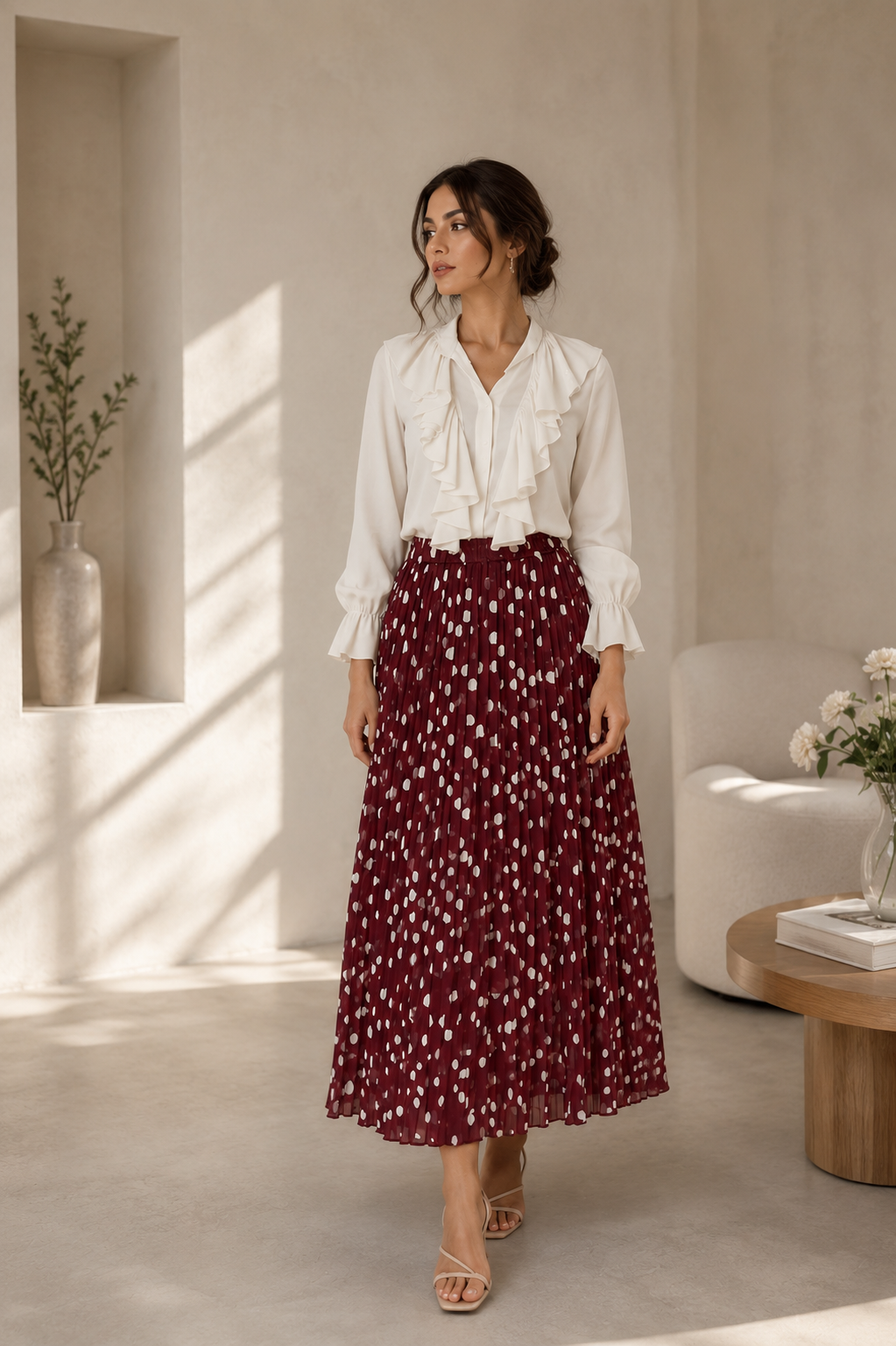 Ruffled Long-Sleeve Button-Down Blouse