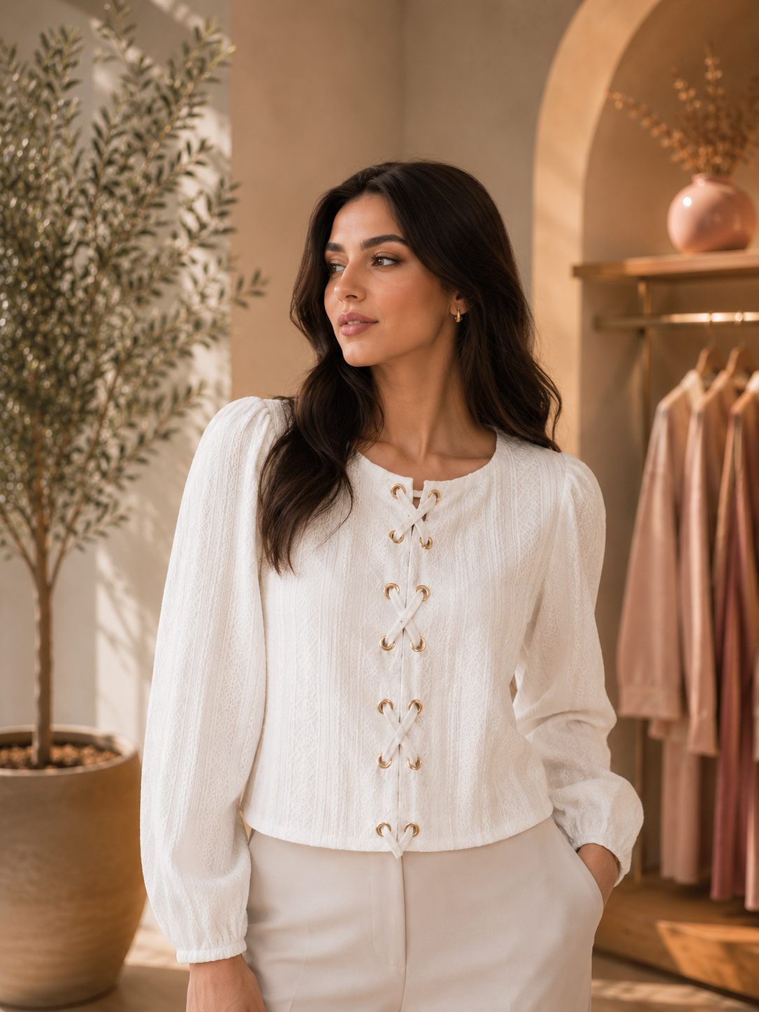 Lace-Up Textured Blouse