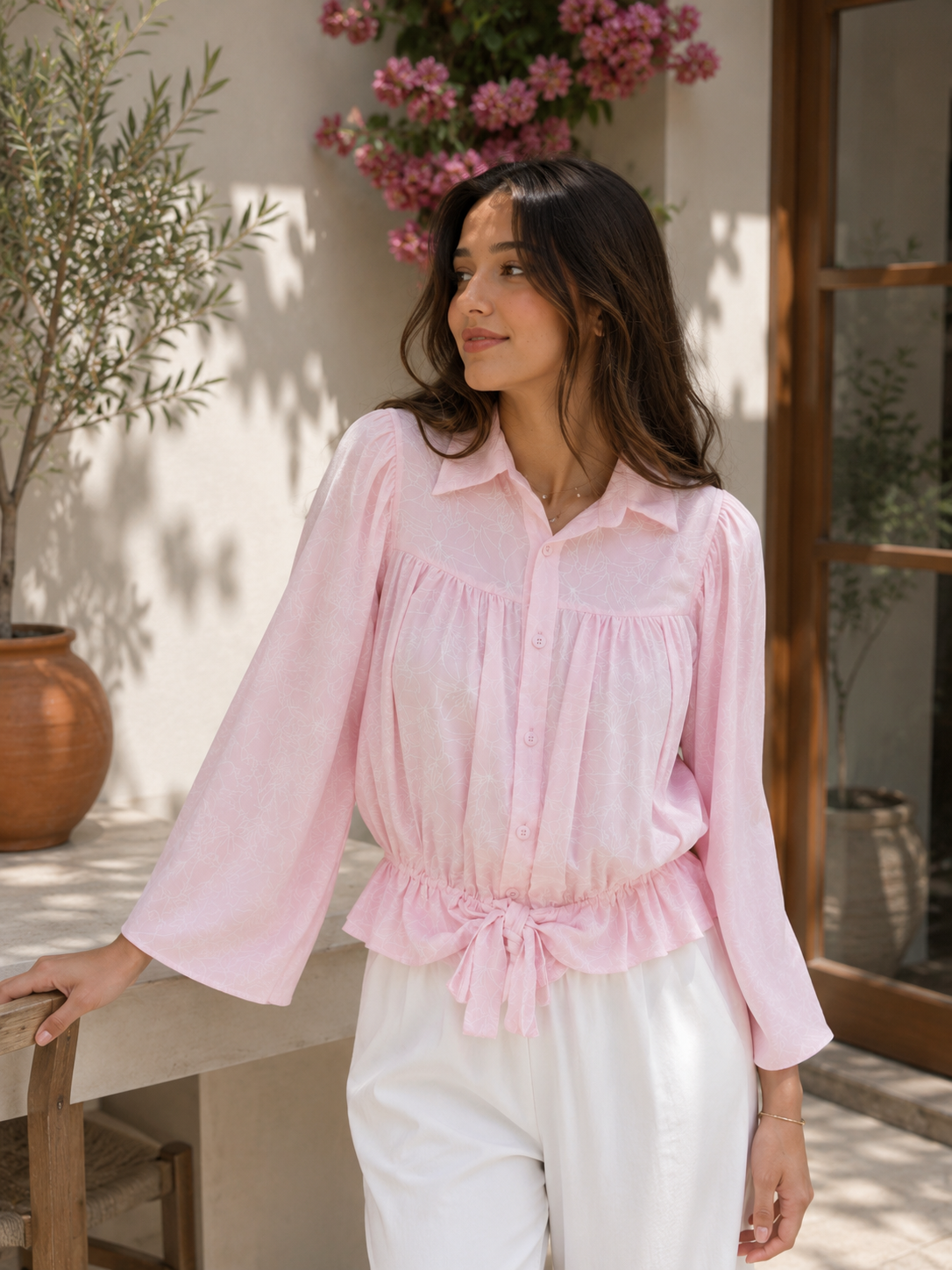 Gathered Tie-Hem Peplum Blouse