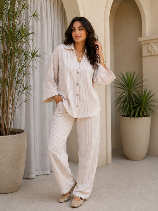Pinstripe Button-Down & Straight Pants Set