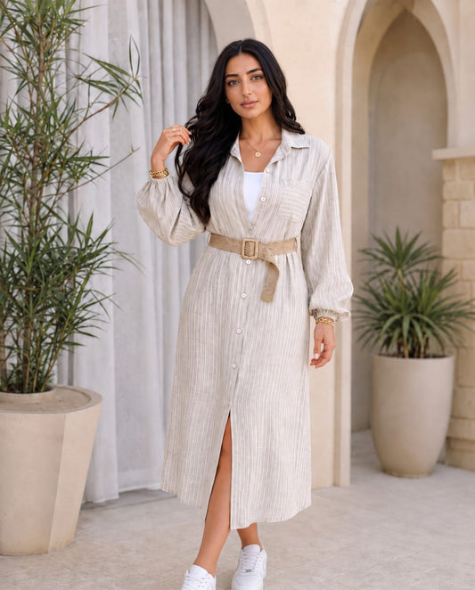 Belted Pinstripe Shirt Dress