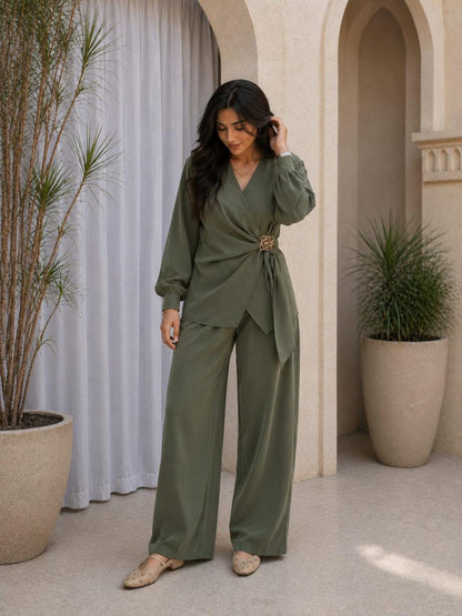 Wrap Top & Wide-Leg Pants Set
